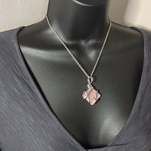 Silver Tone Metal And Pink Glass Pendant Necklace 17 Inches Long